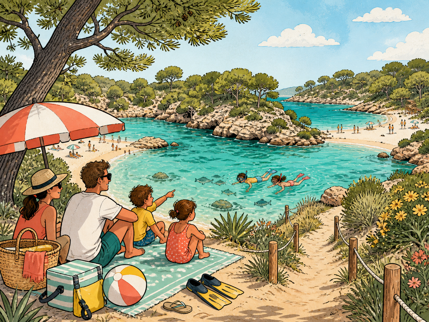 Illustrated family snorkelling near a Mallorca natural park cove